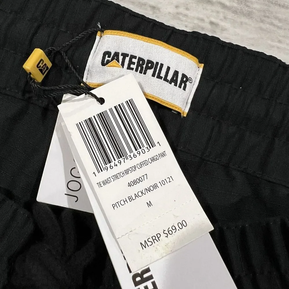Mens Caterpillar Size Medium Black Ripstop Canvas Cuffed Jogger DrawString Pants